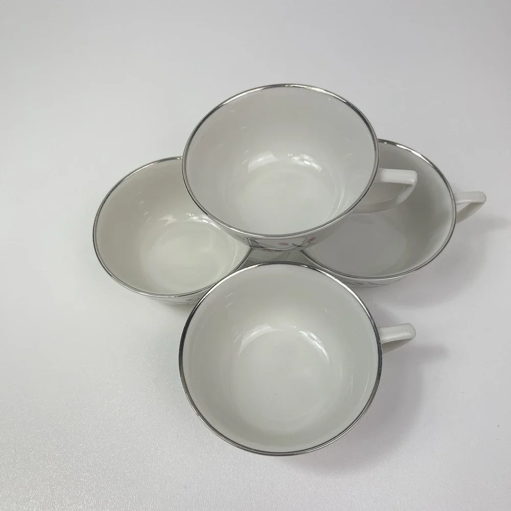 Embassy USA China Tru Tone Footed Tea Cups Pink‎ Flowers Gray Platinum Rim